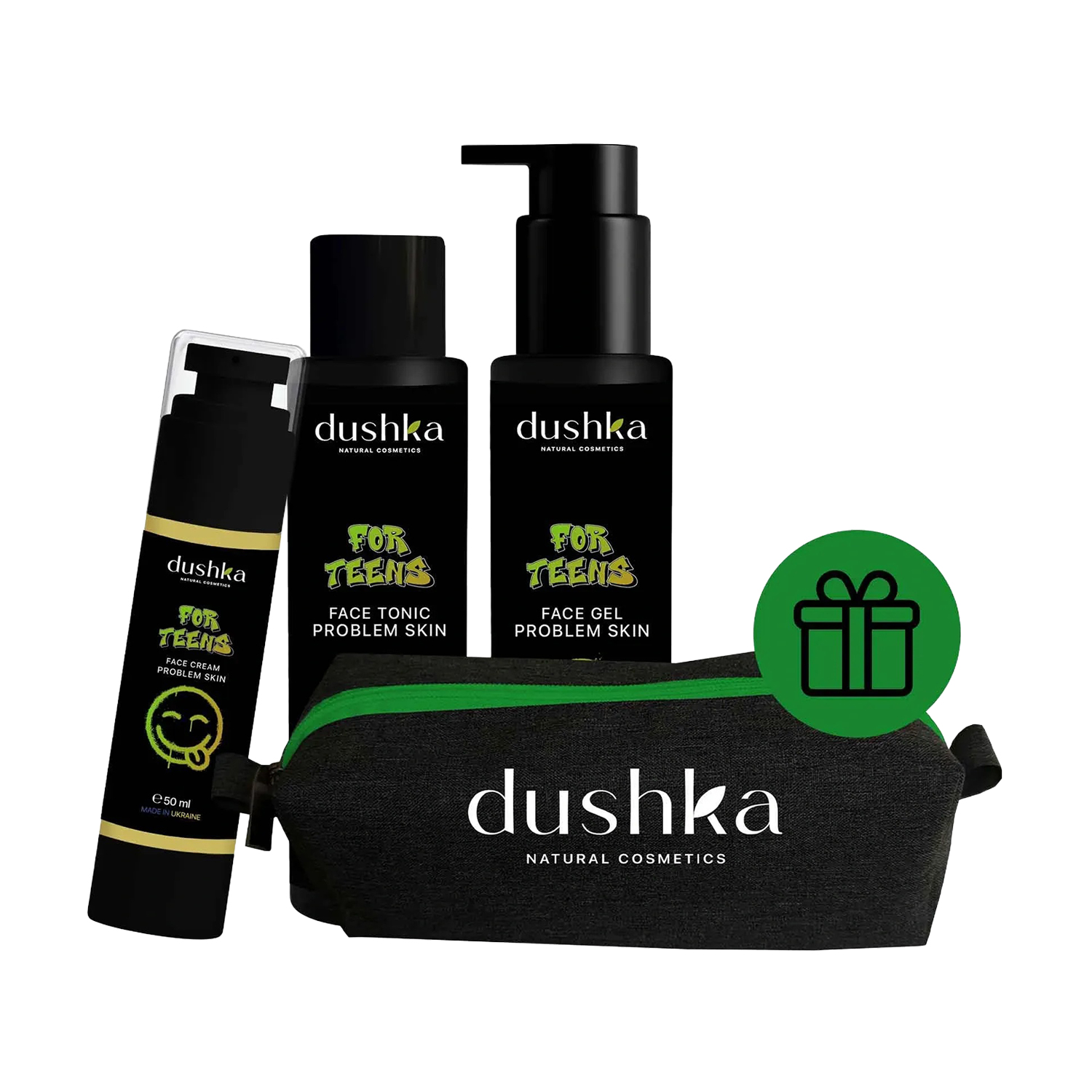 Підлітковий набір для обличчя Dushka для проблемної шкіри (гель для вмивання, 100 мл + тонік, 100 мл + крем, 50 мл + косметичка, 1 шт)